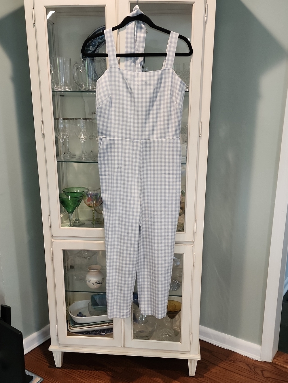 Ann Taylor Light Blue Gingham Square-Neck Jumpsuit
